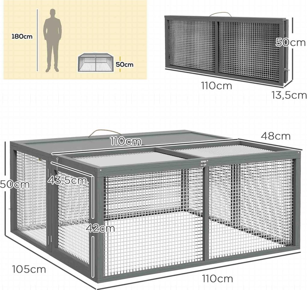 Gaiola dobrável para coelhos com pega na parte superior que se abre, para 2 a 3 coelhos ou porquinhos-da-índia, 110 x 105 x 50 cm, cinzenta
