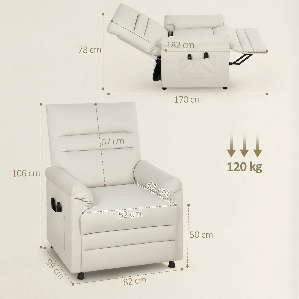 Poltrona relaxante elétrica com massagem e aquecimento, poltrona reclinável, apoio para os pés, motor silencioso, 82 x 99 x 106 cm, creme