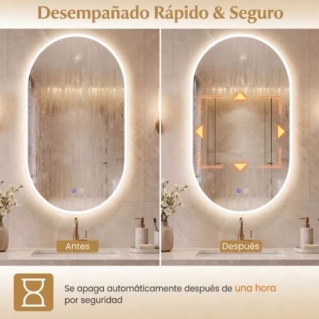 Espelho 90x55 cm ovalado iluminado de parede para casa de banho sem moldura LED vidro temperado HD antiembaciamento 3 modos cor ajustável Prata