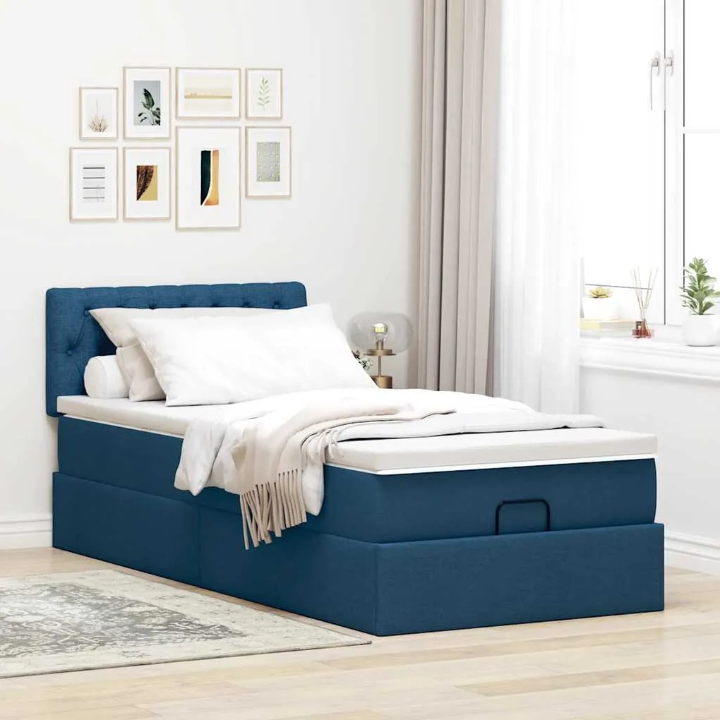 Cama otomana com colchão 100x200 cm tecido azul