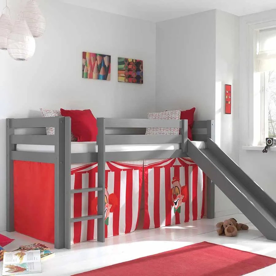 Conjunto Cama alta de Criança PINO 90 x 200 cm + estrado + escada + escorrega + cortina Circo Cinzenta