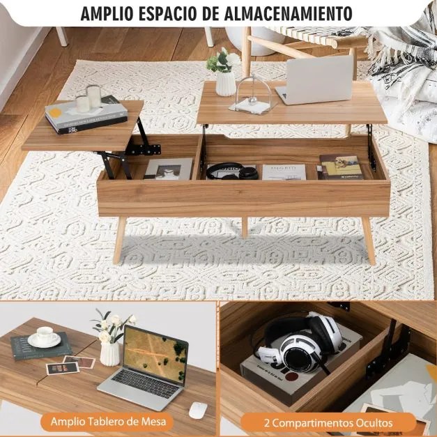 Mesa de centro elevável com barras pneumáticas de arrumação 2 compartimentos ocultos Mesa de apoio para sala de estar 120 x 49 x 42 cm Castanho