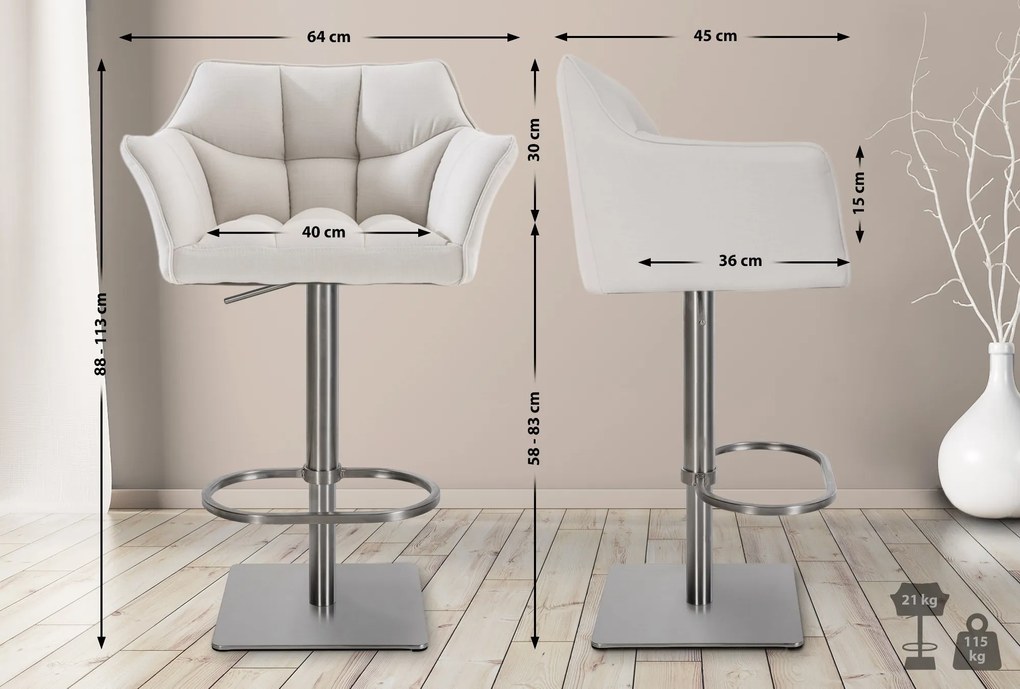 Banco de bar Damaso em tecido e com estrutura prateada 64 x 88-113 x 45 cm Branco