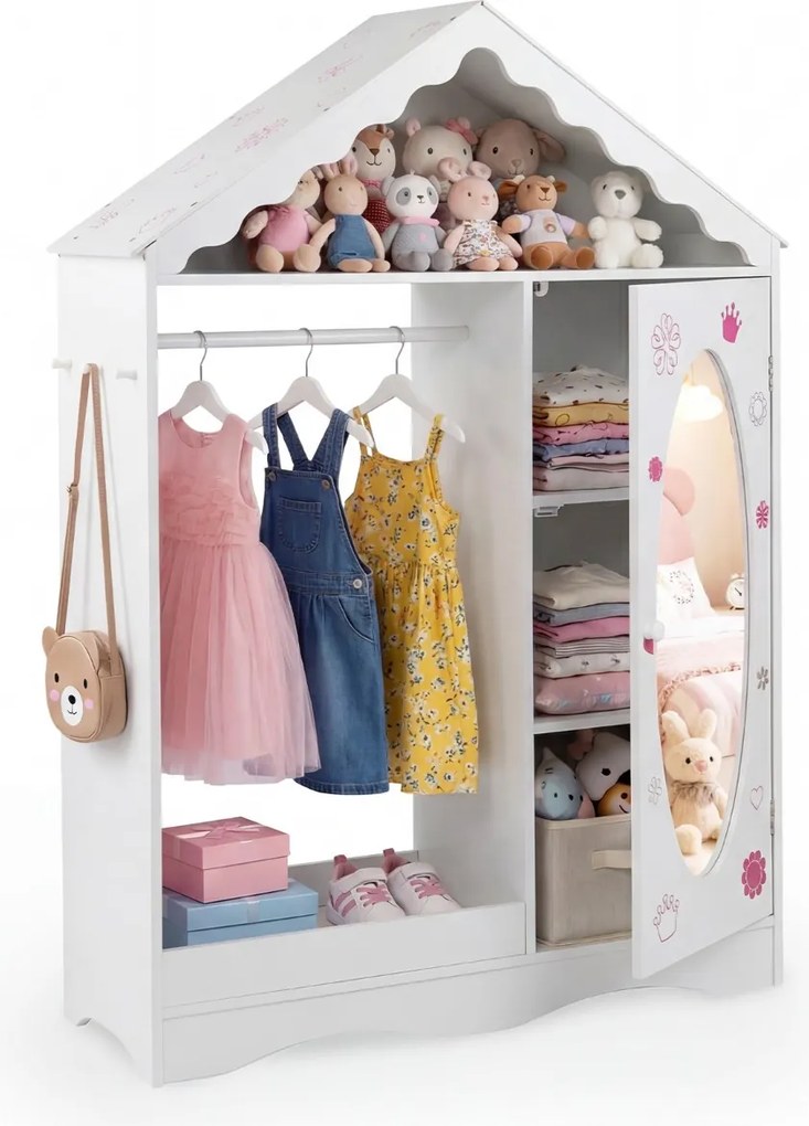 Guarda Roupa infantil 85,5 x 30 x 121 cm com telhado e espelho, com barra para pendurar prateleiras e ganchos, para quarto, sala de jogos, branco