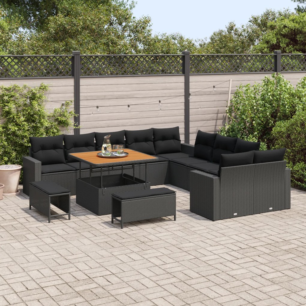 Conjunto de Sofá de Jardim vidaXL de 13 Peças com Almofadas Preto de V
