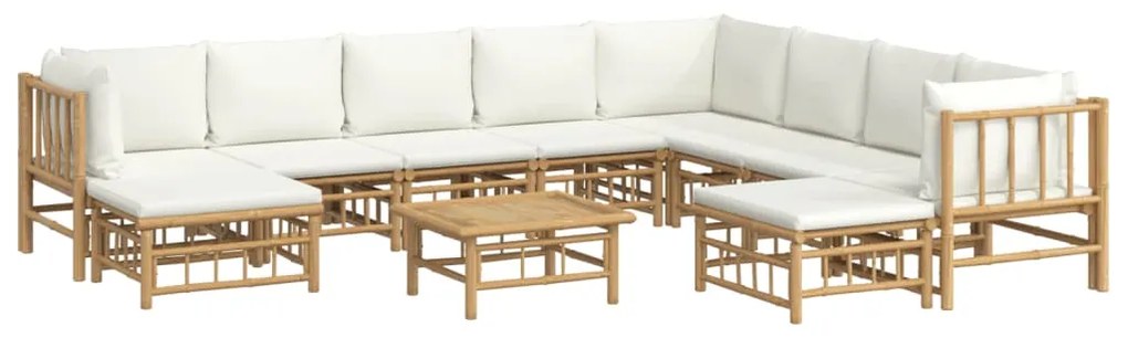 11pcs conjunto lounge de jardim bambu c/ almofadões branco nata