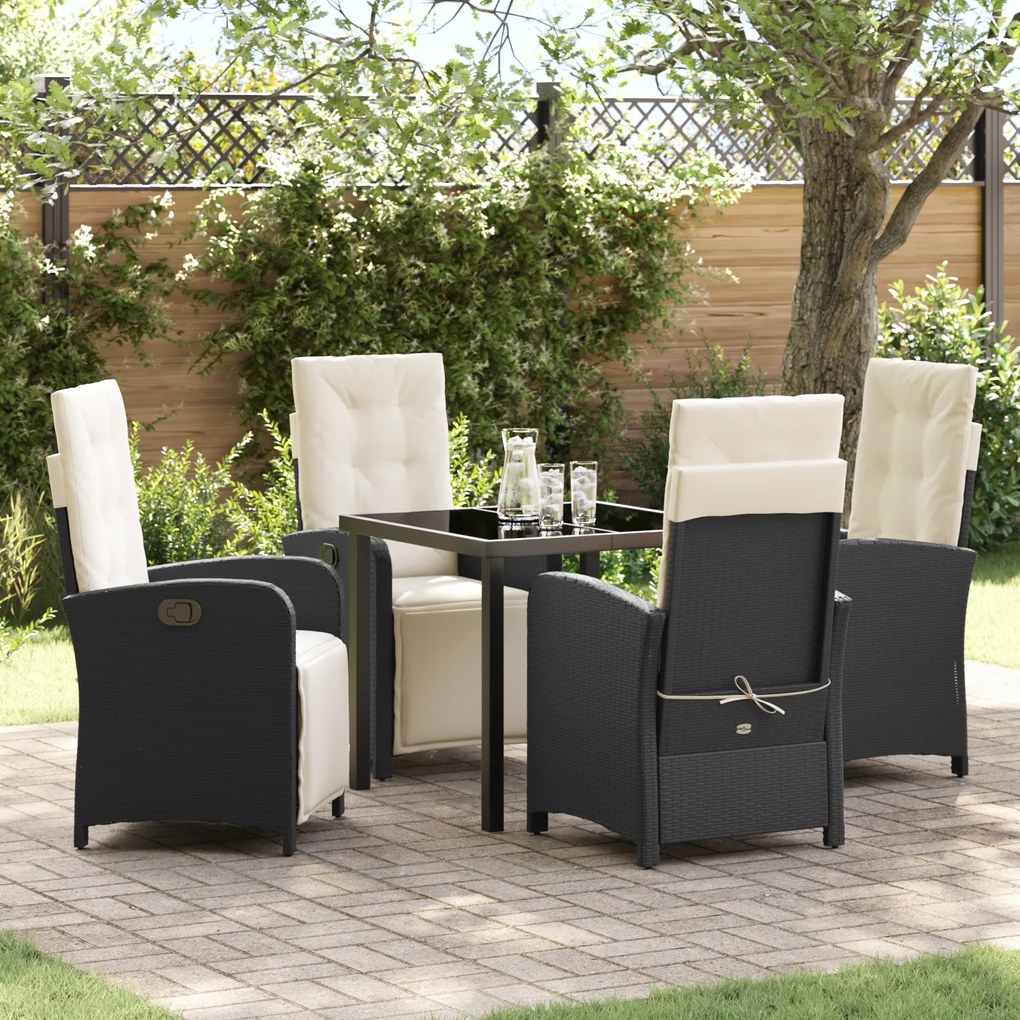 vidaXL Conjunto de Jantar de Jardim de 5 Peças com Almofadas em Rattan Poliéster Preto