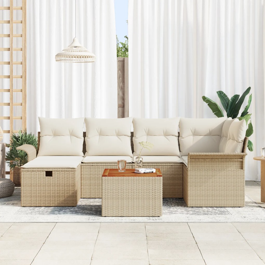 Conjunto de Sofá de Jardim 7 Peças com Almofadas Bege Rattan PE