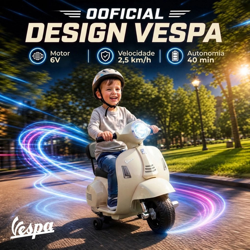 Mota Elétrica Infantil 6V para crianças 18-36 meses Mini Vespa GTS com 2 Rodas Auxiliares, Bateria de Lítio, Farol, Buzina e Encosto, Branco