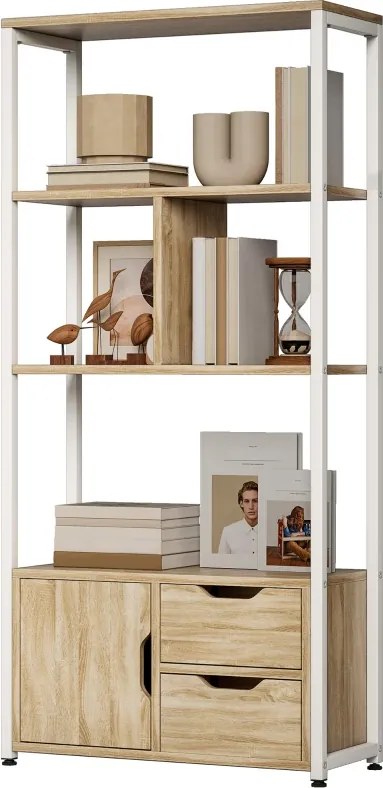 Estante para Livros com Armário e 2 Gavetas de Armazenamento para Escritório Sala de Estar 58x24x122 cm Madeira e Branco