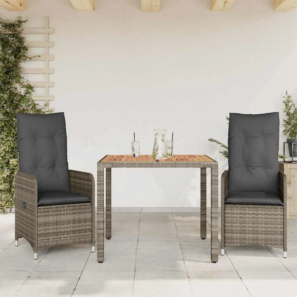 3 pcs conjunto bistrô de jardim c/ almofadões vime PE cinza