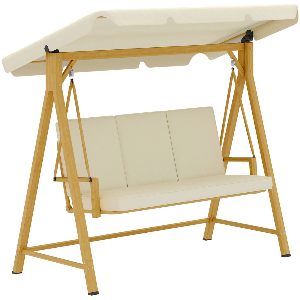 Outsunny Baloiço de Jardim de 3 Lugares com Toldo Ajustável Almofadas e Estrutura com Veios de Madeira 195x120x170 cm Madeira e Creme | Aosom Portugal