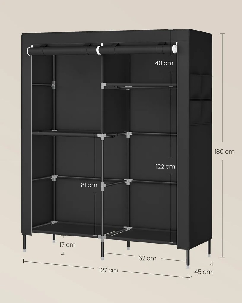 Guarda roupa em tecido 45 x 127 x 180 cm com varão e prateleiras práticas preto