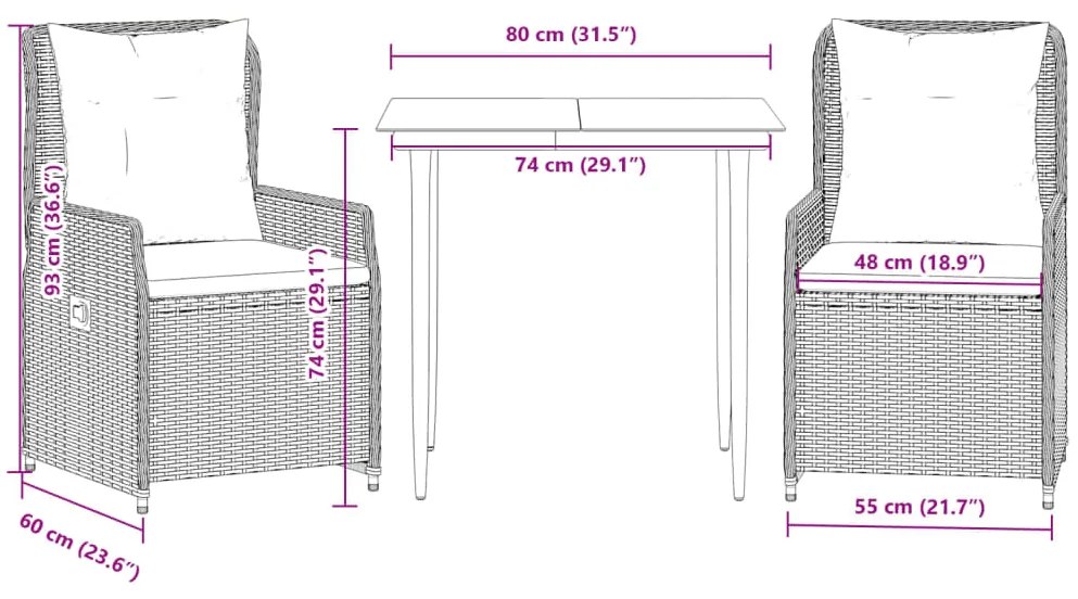 3 pcs conjunto de jantar p/ jardim com almofadões vime PE bege