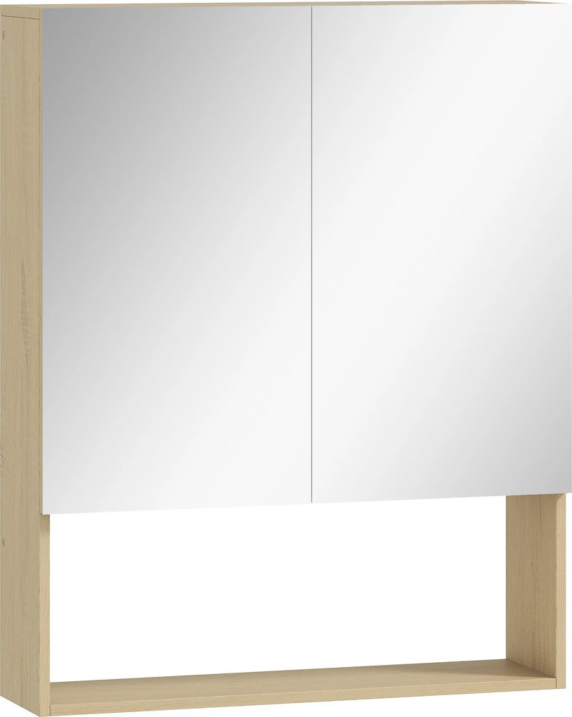 HOMCOM Armário de Casa de Banho, Portas Espelhadas, Prateleira Aberta, Montagem na Parede, MDF, Aglomerado, Carvalho | Aosom Portugal