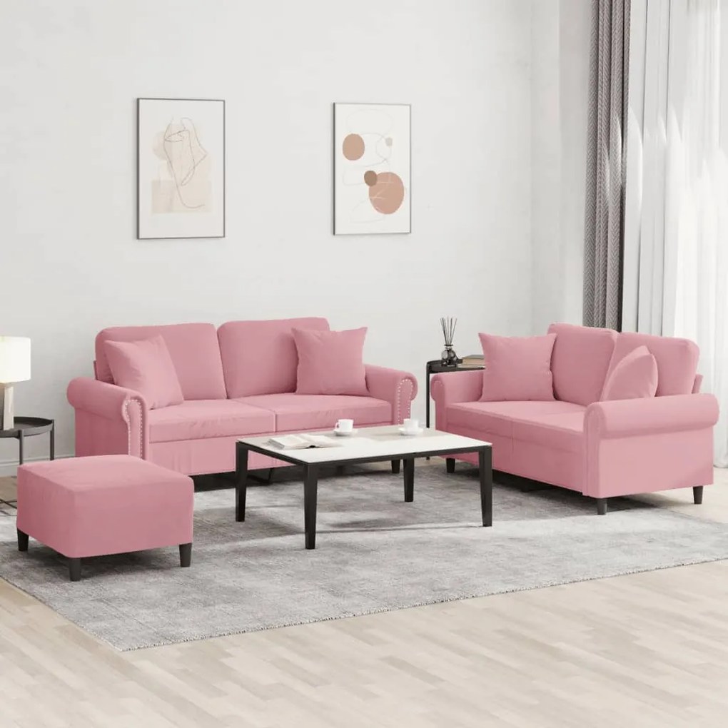 vidaXL 3 pcs conjunto de sofás com almofadas veludo rosa