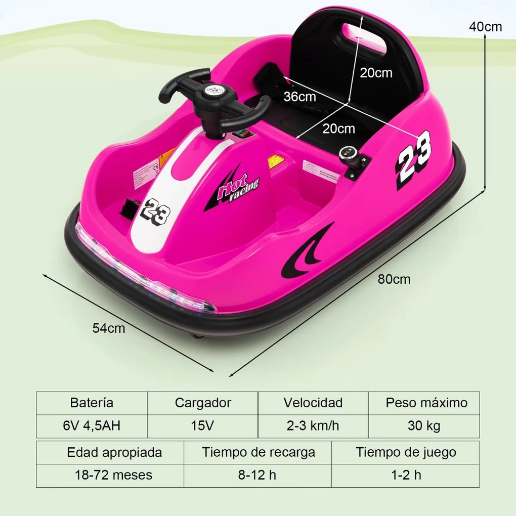 Carro de choque para crianças a bateria com rotação 360°, luzes LED e controlo remoto 80 x 54 x 40 cm Rosa