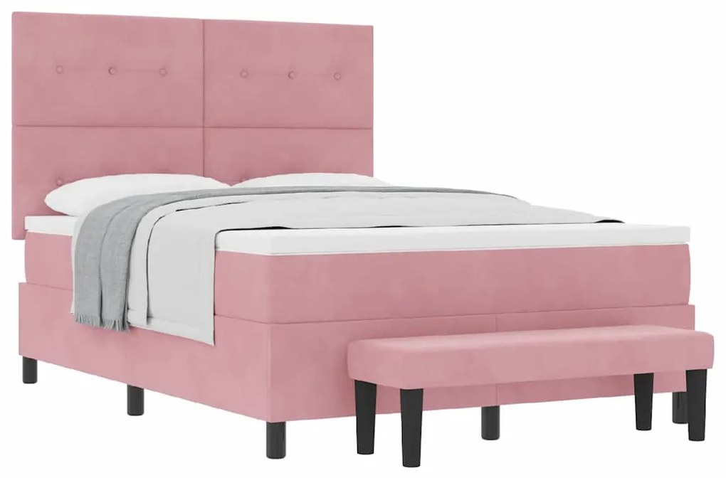 Cama Box com Colchão &amp; Banco Rosa 140x190 cm Veludo