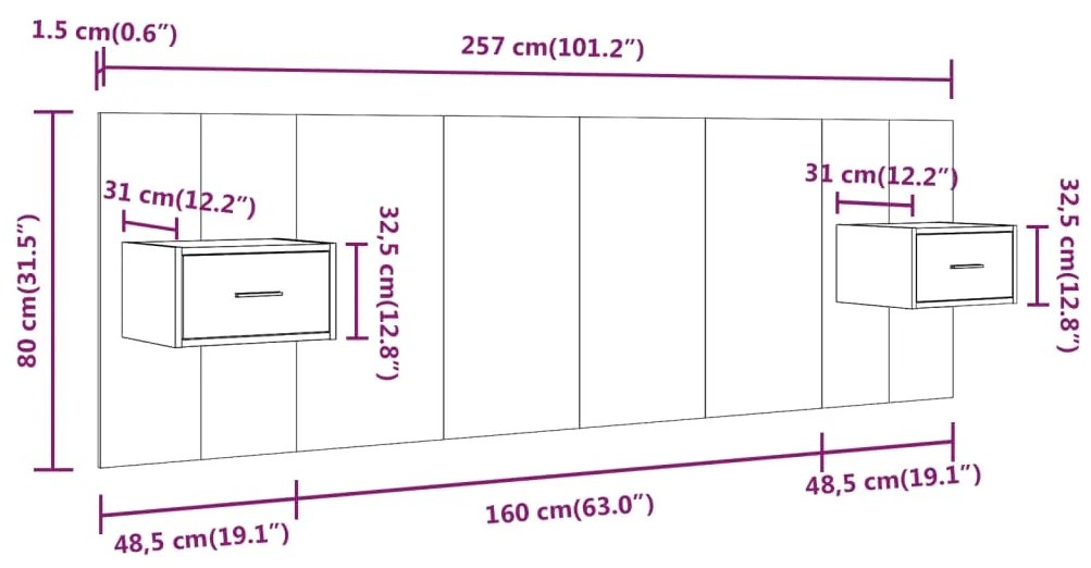 Cabeceira cama + armários madeira processada sonoma cinzento