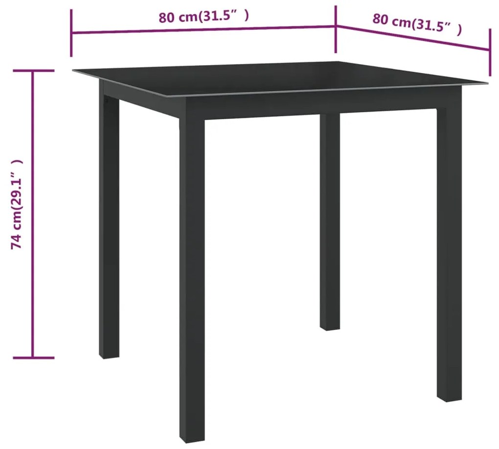 Mesa de jardim em alumínio e vidro 80x80x74 cm preto