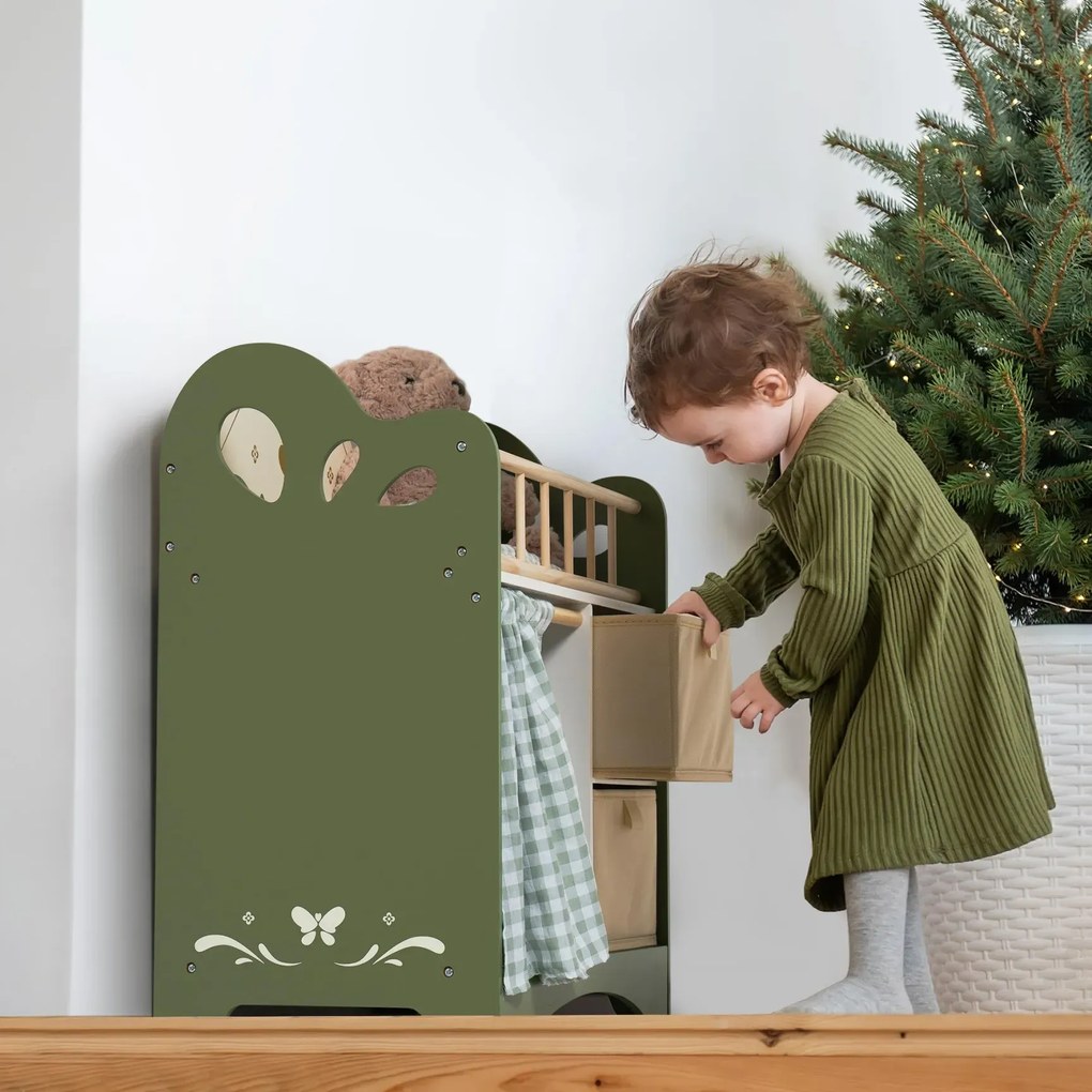 Berço de madeira de brincar para bonecas e crianças 57 × 56 × 29 cm Verde