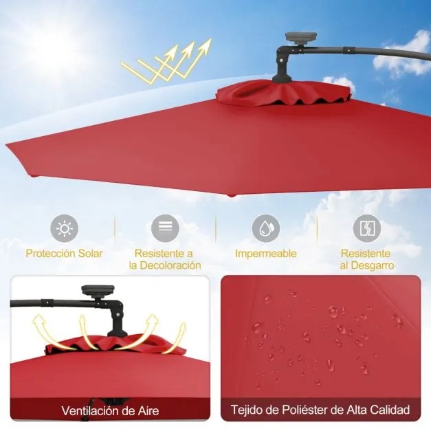 Guarda-sol exterior de 3 m com rotação de 360° e 32 com luzes LED Ajuste fácil da inclinação Manivela vermelha