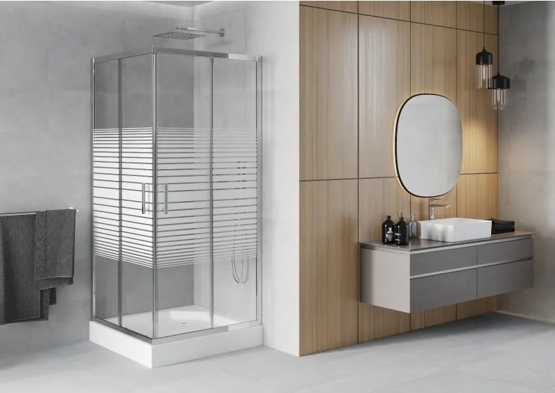 Mexen Rio cabine de duche quadrada 90 x 90 cm, faixas brancas, cromado + base de duche, branco - 860-090-090-01-20-4510