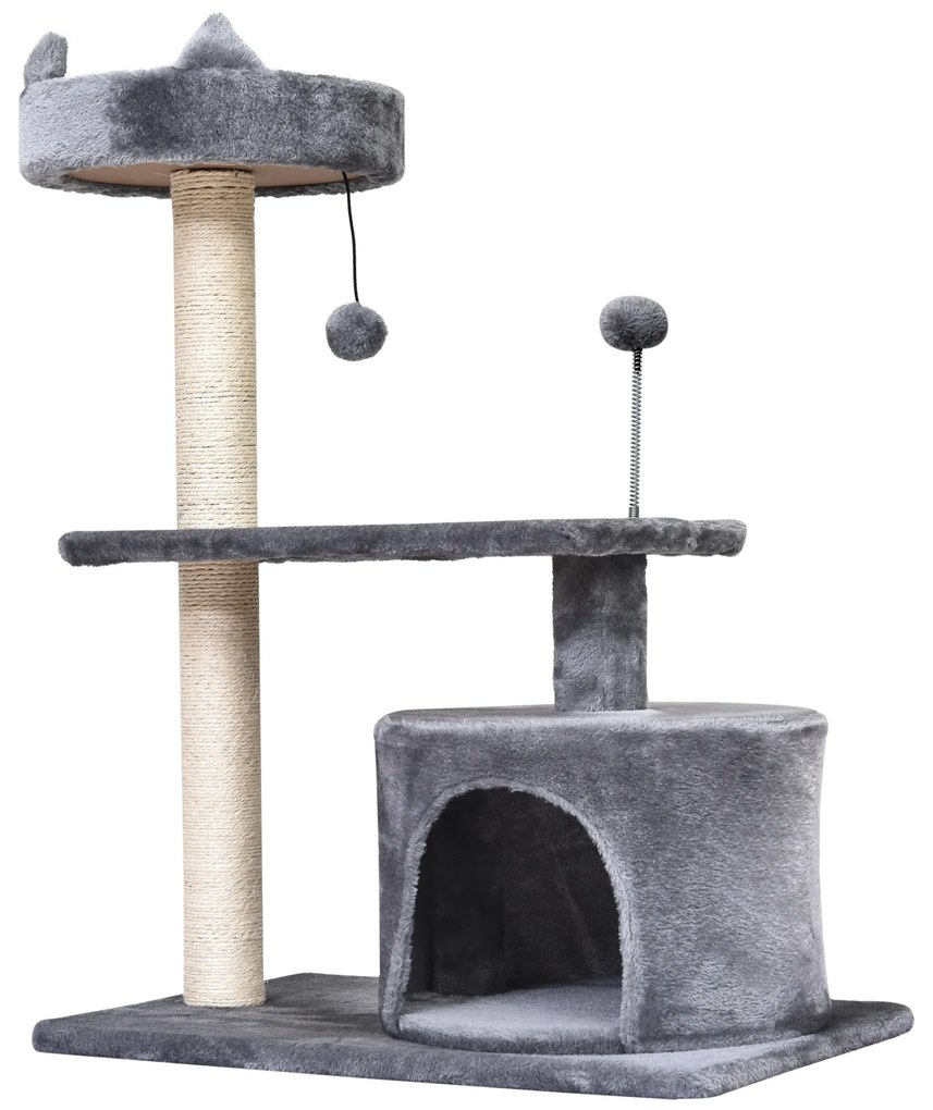 PawHut Árvore Arranhador para Gatos Médios com Cama Plataforma Caverna Poste de Sisal e Bolas de Brinquedo 60x40x81 cm Cinza