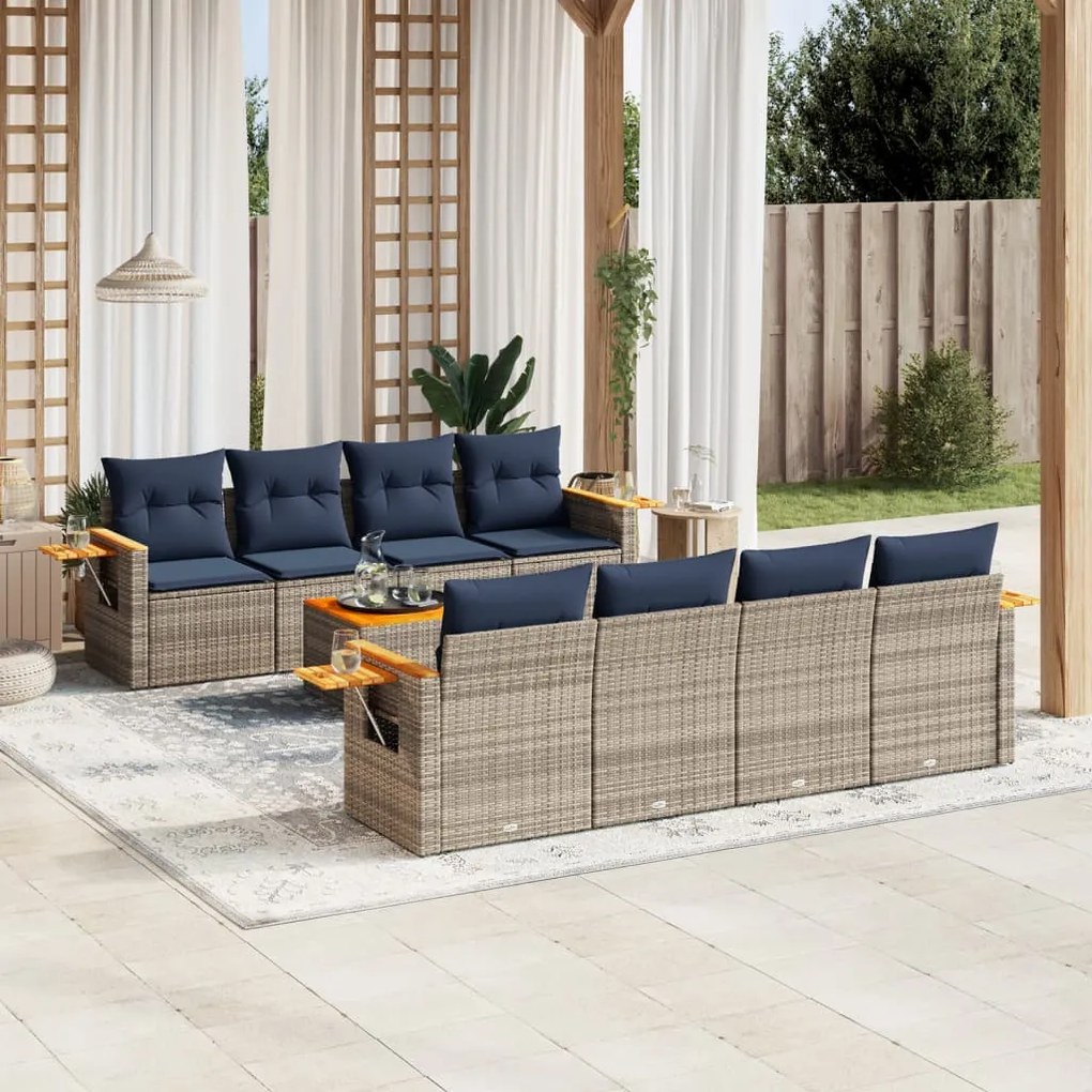 9 pcs conjunto sofás p/ jardim c/ almofadões vime PE cinzento
