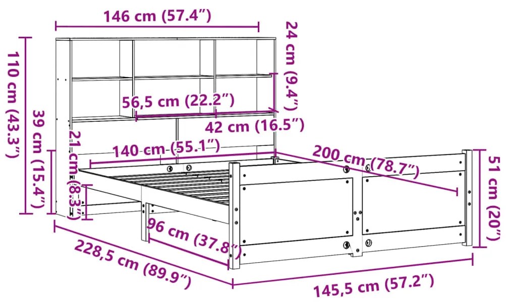 Cama com estante sem colchão 140x200 cm pinho maciço branco