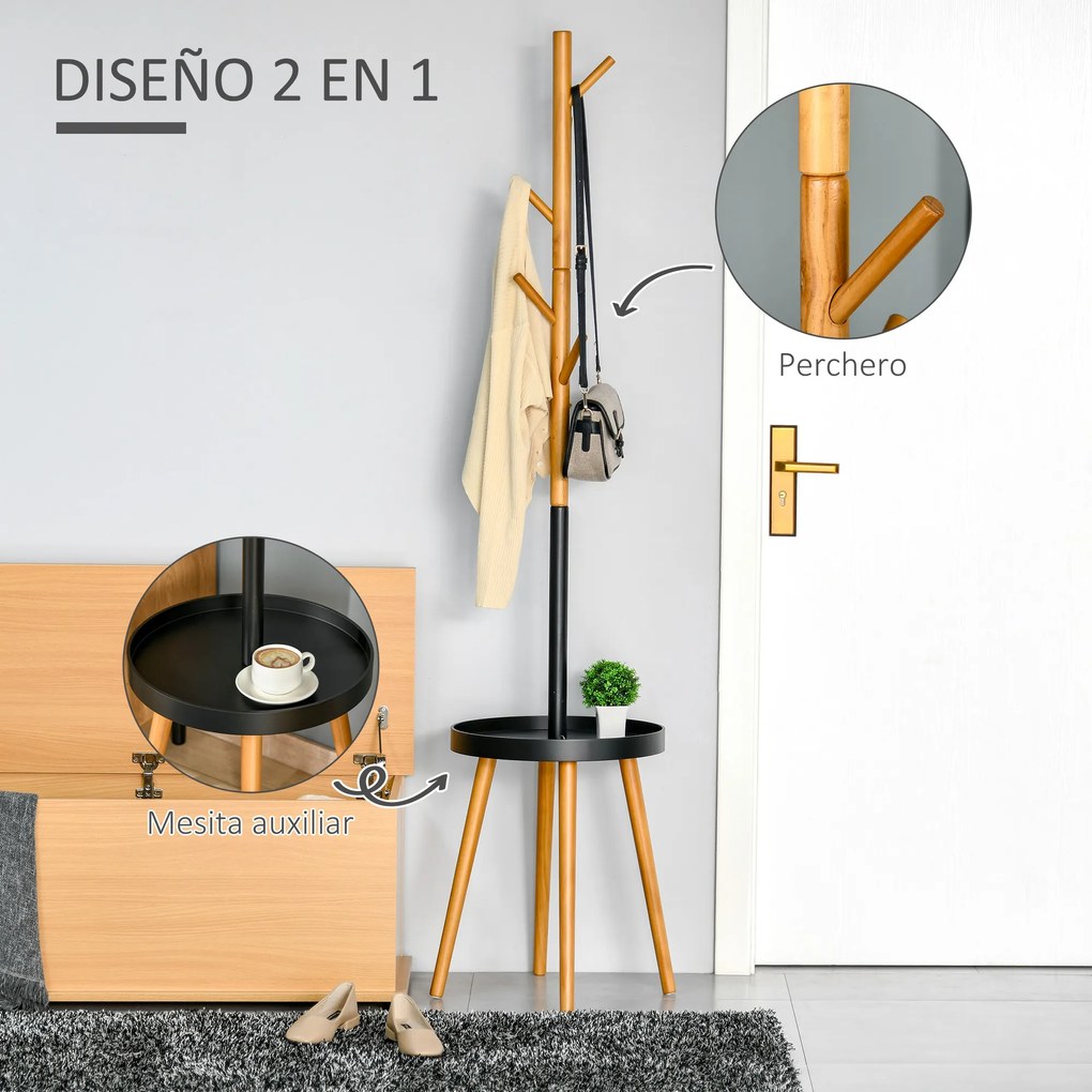 HOMCOM Cabide de Pé com Mesinha Auxiliar Redonda e 5 Ganchos com Altura Ajustável para Casacos Chapéus Bolsos Entrada 40x40x179cm Madeira Natural Preto