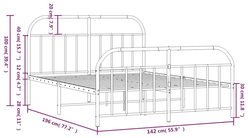 Estrutura de cama com cabeceira e pés 135x190 cm metal branco