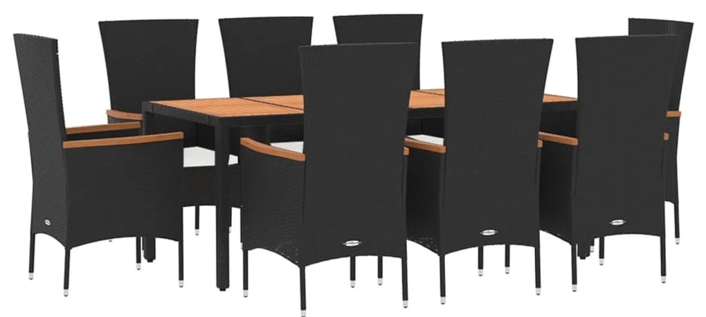 9 pcs conjunto de jantar p/ jardim c/ almofadões vime PE preto