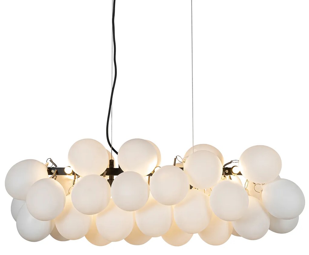 Candeeiro suspenso preto com vidro opala 8 luzes alongado - Uvas Design,Art Deco