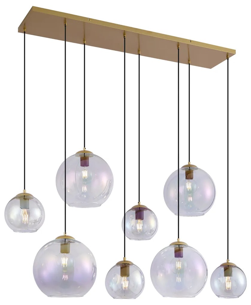 Candeeiro suspenso Art Déco dourado com vidro arco-íris 8-luzes - Sandra