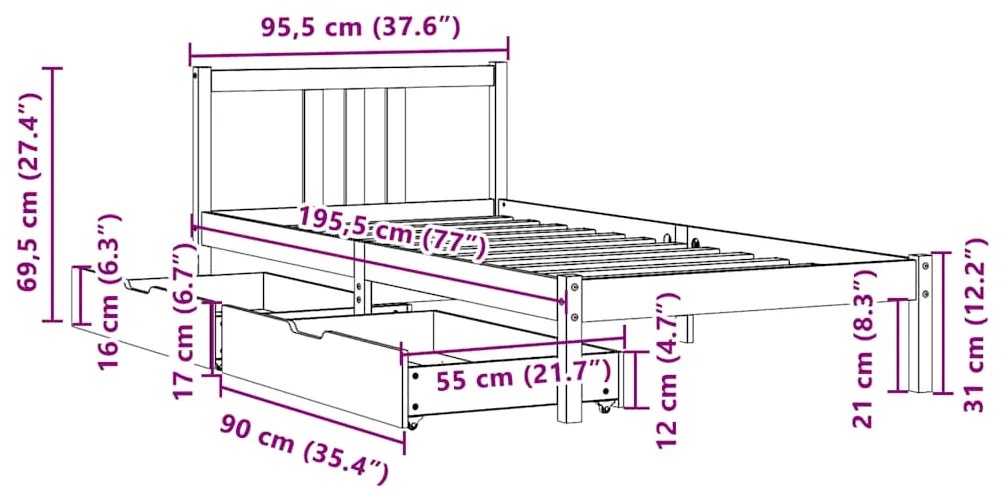 Cama sem colchão 90x190 cm madeira de pinho maciça