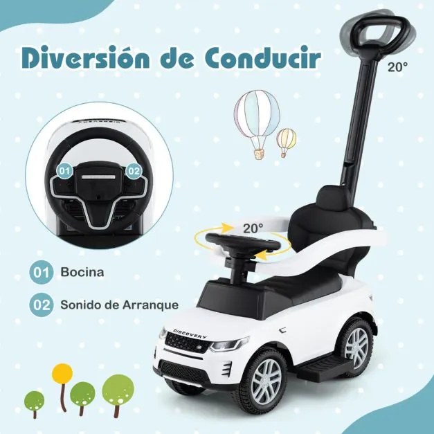 Carro de empurrar 3 em 1 para crianças de 18 a 36 meses com alça removível com buzina e som Branco
