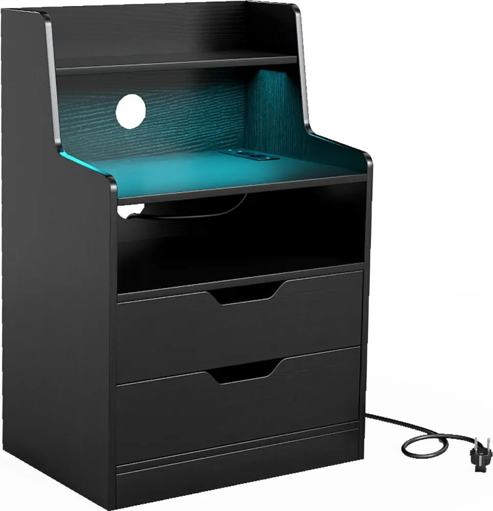 Mesa de cabeceira LED com estação de carregamento com 2 gavetas e prateleira aberta 45 x 35 x 72,5 cm Preto