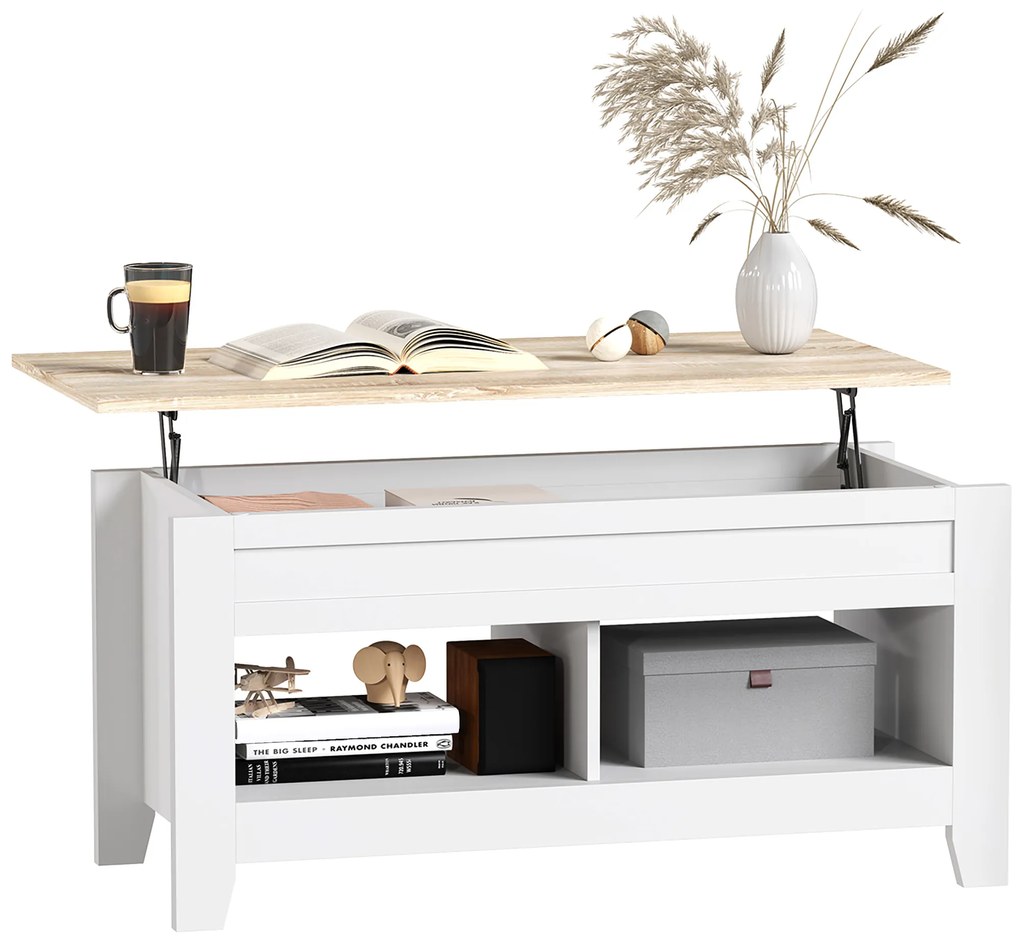 Mesa de Centro com Bancada Elevável 2 Compartimentos Abertos Bancada de Madeira 105x50x49 cm Branco e Madeira