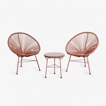Conjunto De Sala Com 2 Poltronas E Mesa Auxiliar Em Aço E Rattan Sintético New Acapulco Terracota - Sklum