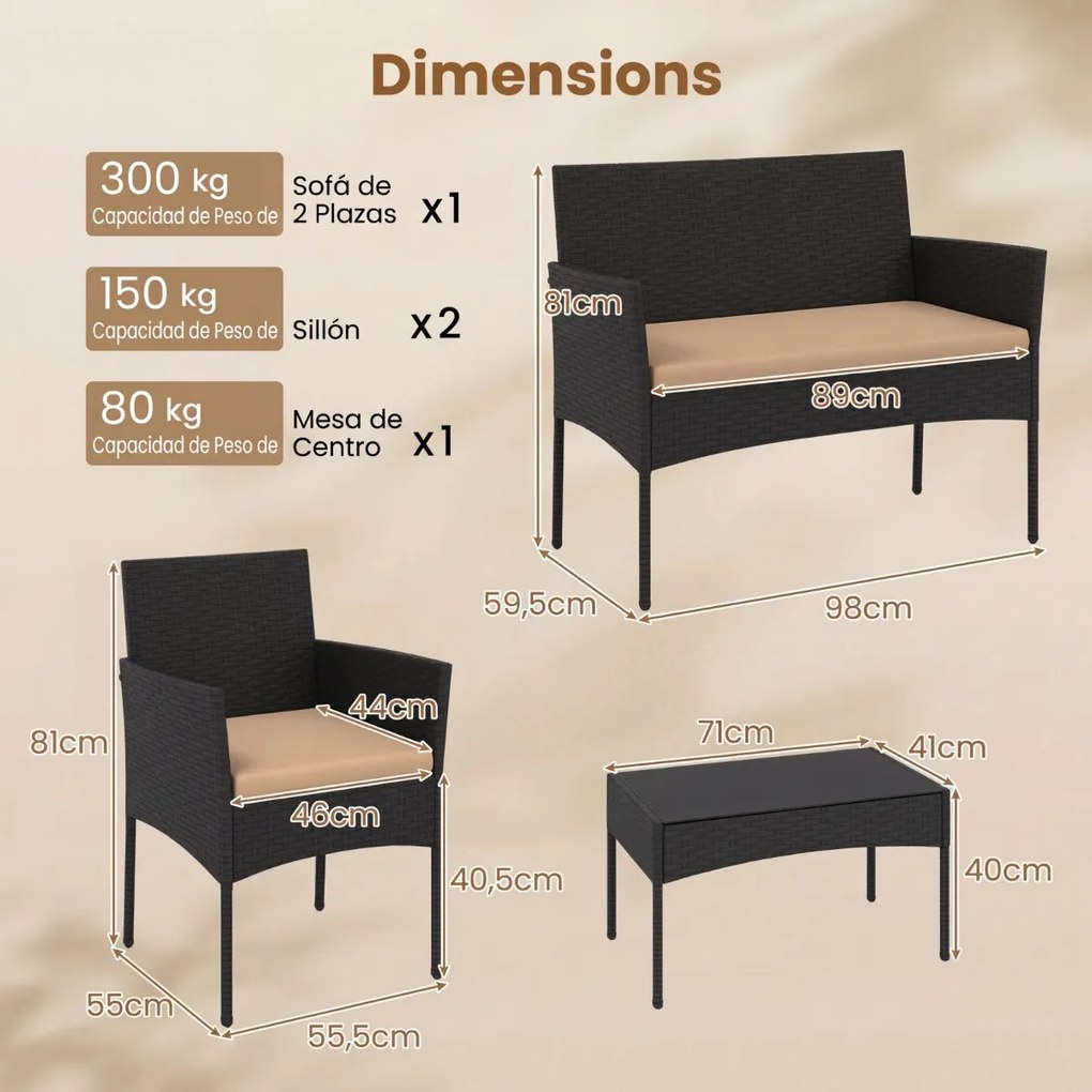 Conjunto de jardim em rattan de 4 peças, com 2 poltronas, sofá de 2 lugares, mesa auxiliar e almofadas de espuma, para alpendre, pátio ou terraço, Pre