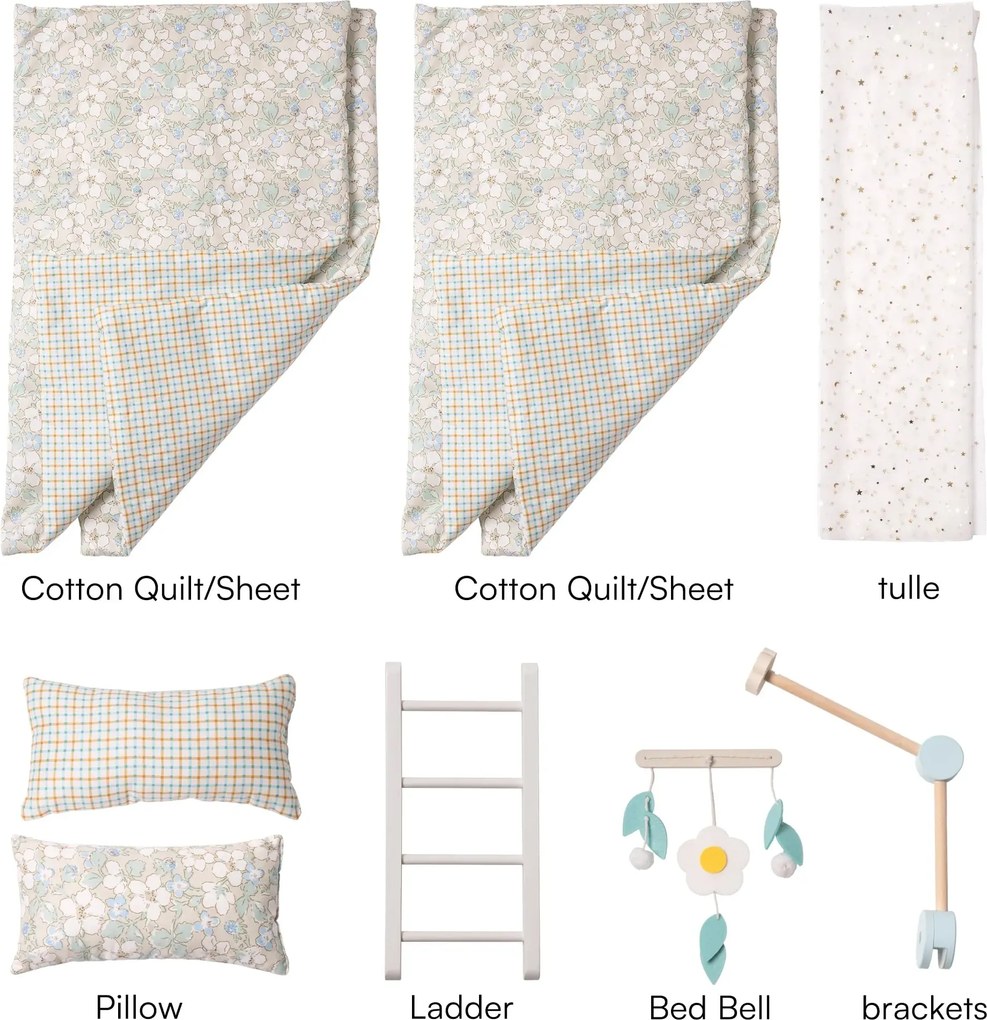Cama de madeira de brincar 2 em 1 para bonecas (NÃO INCLUIDA) 55 x 30 x 46 cm Azul