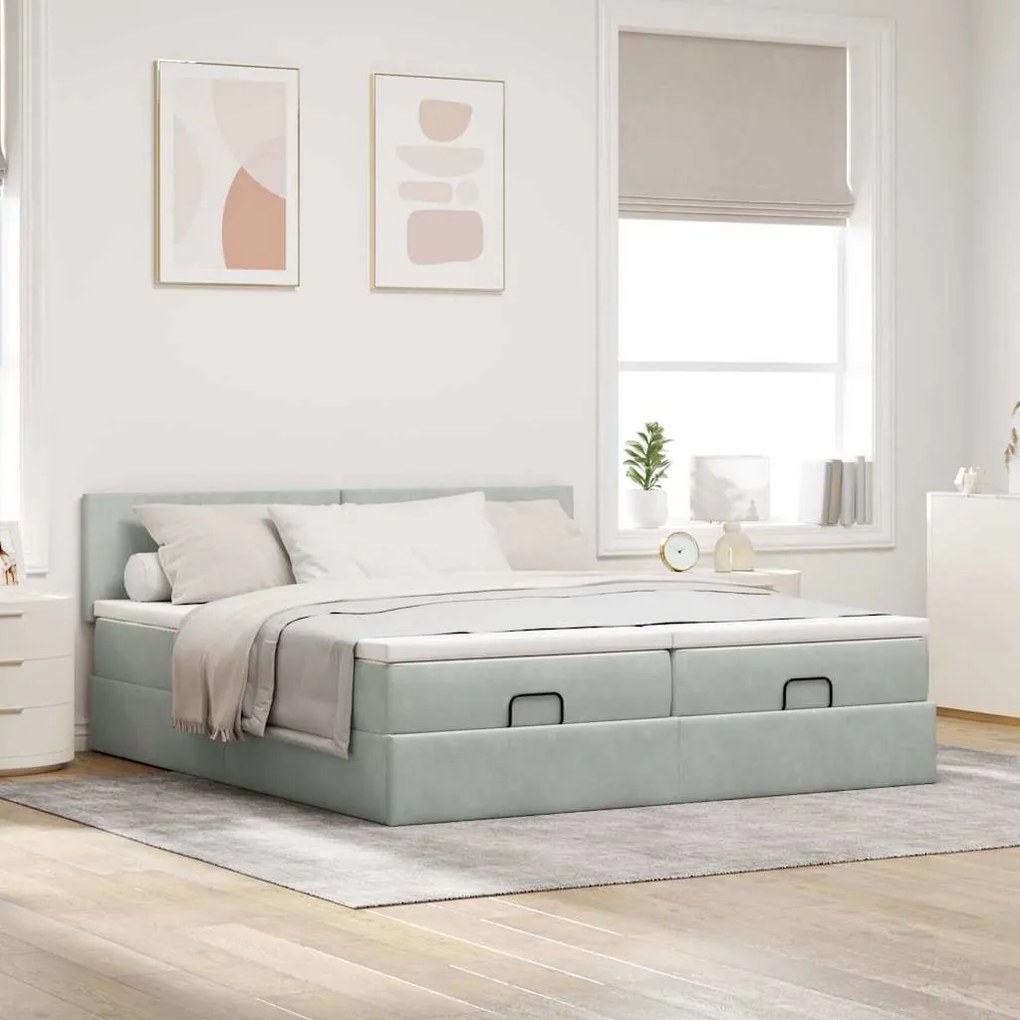 Estrutura cama otomana colchões 180x200cm veludo cinzento claro