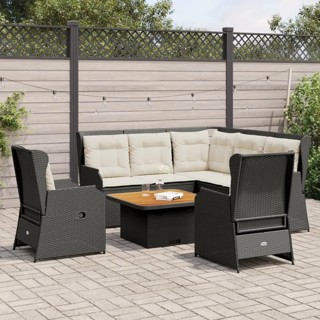 5 pcs conjunto lounge de jardim c/ almofadões vime PE preto