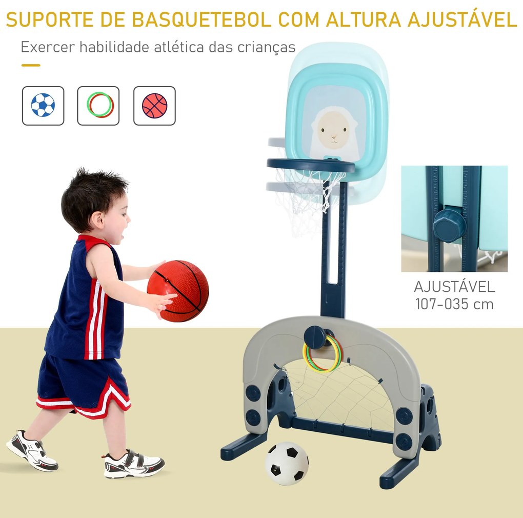 Parque infantil 5 em 1 escorrega balanço 2 cestas de basquete e gol de futebol para crianças acima de 1 ano 225x220x110 cm Multicolor