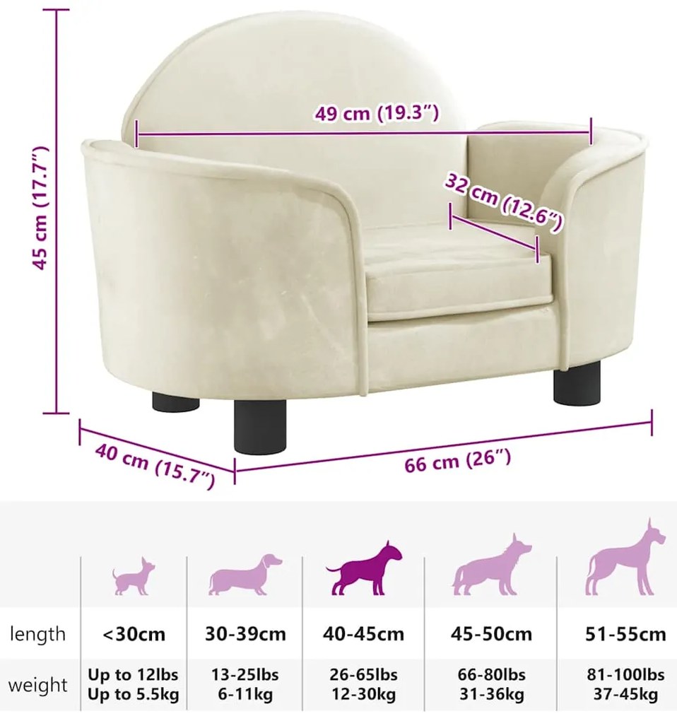 Cama para cães 66x40x45 cm veludo cor creme