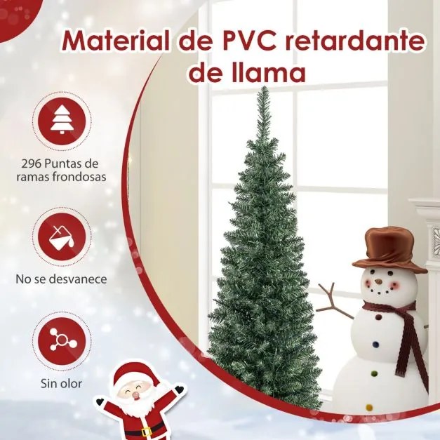 Árvore de Natal artificial pré-iluminada de 150 cm em forma de lápis com luzes LED brancas quentes Suporte de metal dobrável verde