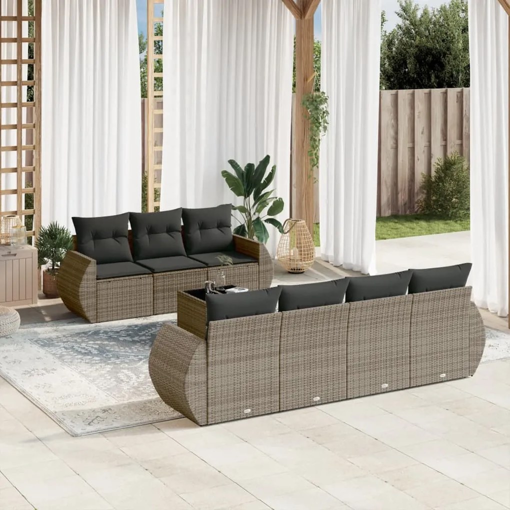 8 pcs conjunto sofás de jardim c/ almofadões vime PE cinzento