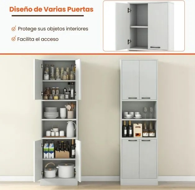 Armário de despensa para cozinha 56 x 30 x 190 cm com portas e prateleiras cinza claro