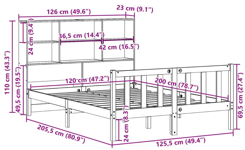Cama com estante sem colchão 120x200 cm pinho maciço